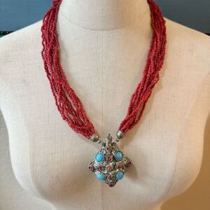 Large Tibetan Silver Turquoise and Red Coral Snuff Bottle Pendant on Multi-Stran